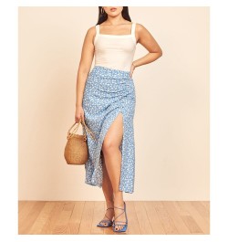 Vacation Casual Beach Floral Skirt Women Summer High Waist Side High Slit Sexy Skirt Ruched Button Elegant Bodycon Pencil Ski...