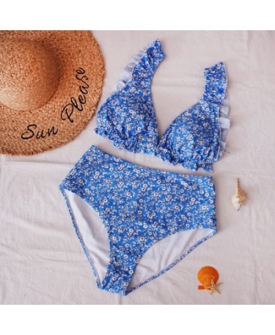 Women Sexy Printed Split Bikini Swimsuit Large Lace Bathing Suit Blue Color Bikini High Waist Set Biquini 2023 Summer Plus Si...