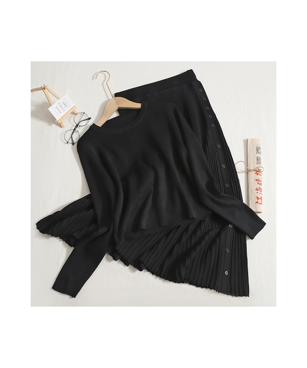 Skirts 2 Piece Set for Women Spring Summer 2023 New Korean Knitted Long Sleeve Tops High Waisted Pleated Midi Skirts $68.63 -...