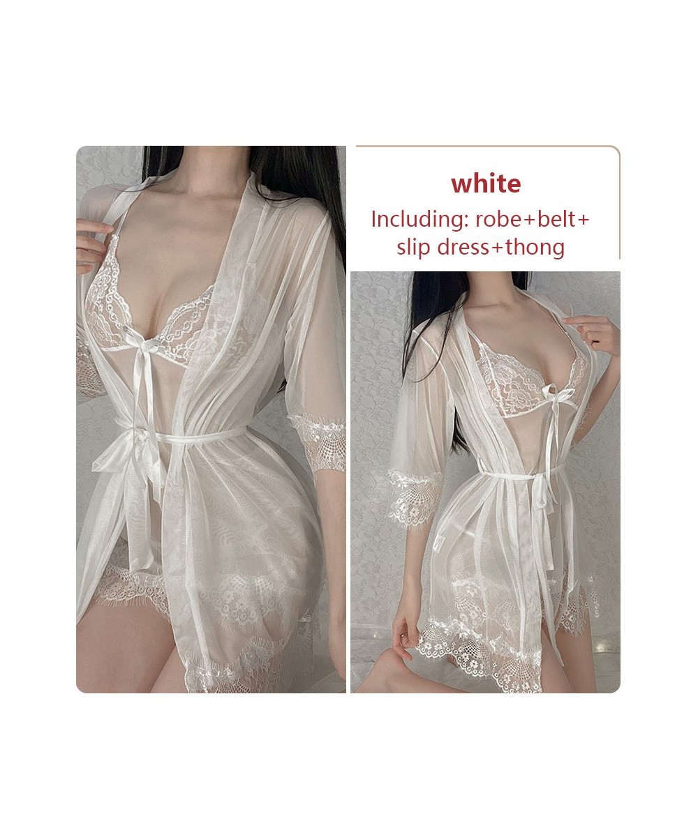 Sexy Women's Pajamas Suit Hollow Lace Transparent Sleepwear Dress Sets Bowknot Suspender Nightgown Lace-up Robe Homewear Suit...