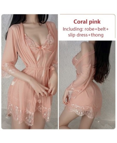 Sexy Women's Pajamas Suit Hollow Lace Transparent Sleepwear Dress Sets Bowknot Suspender Nightgown Lace-up Robe Homewear Suit...