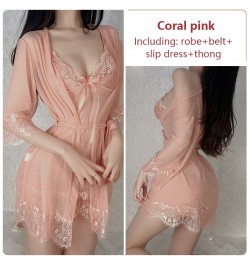 Sexy Women's Pajamas Suit Hollow Lace Transparent Sleepwear Dress Sets Bowknot Suspender Nightgown Lace-up Robe Homewear Suit...