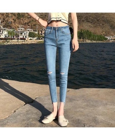 Break Hole Resilien Nine Points Jeans Women Summer Thin Section Korea Slim High Waist Denim Pants New Blue Tight Pencil Trous...