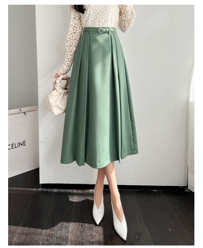 Vintage Basic High Waist Long Pleated All Match Women Korean Solid Streetwear Formal Belt Loose Office Lady Green Fashion Ski...