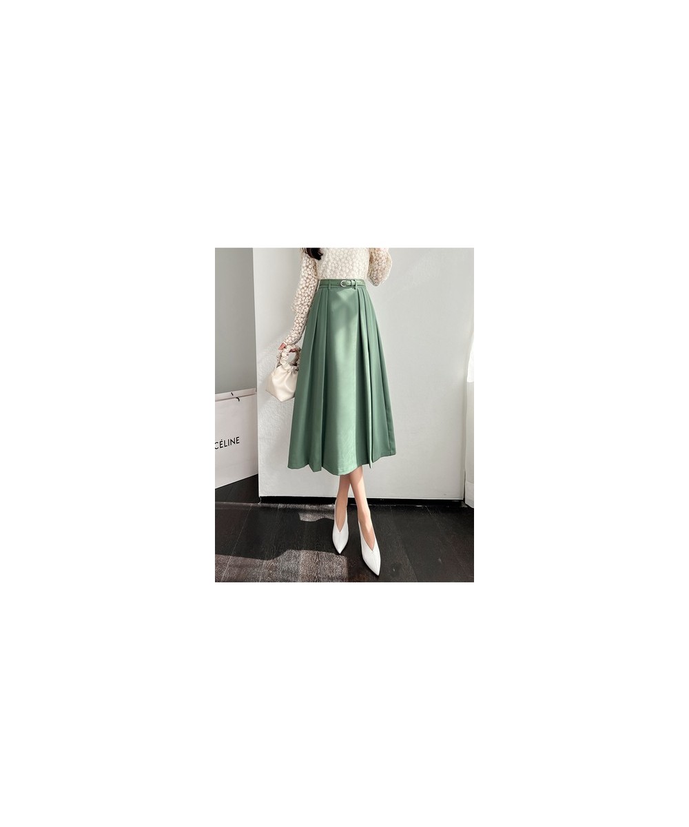 Vintage Basic High Waist Long Pleated All Match Women Korean Solid Streetwear Formal Belt Loose Office Lady Green Fashion Ski...