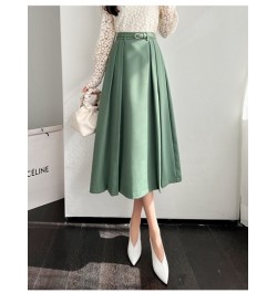 Vintage Basic High Waist Long Pleated All Match Women Korean Solid Streetwear Formal Belt Loose Office Lady Green Fashion Ski...