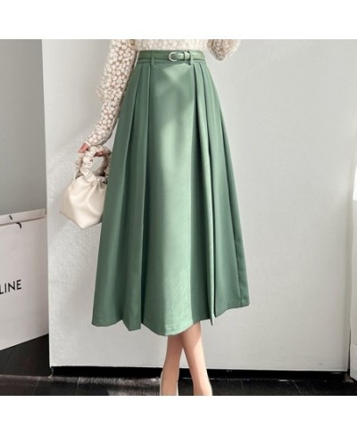 Vintage Basic High Waist Long Pleated All Match Women Korean Solid Streetwear Formal Belt Loose Office Lady Green Fashion Ski...