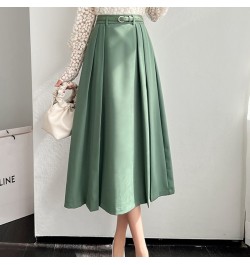 Vintage Basic High Waist Long Pleated All Match Women Korean Solid Streetwear Formal Belt Loose Office Lady Green Fashion Ski...