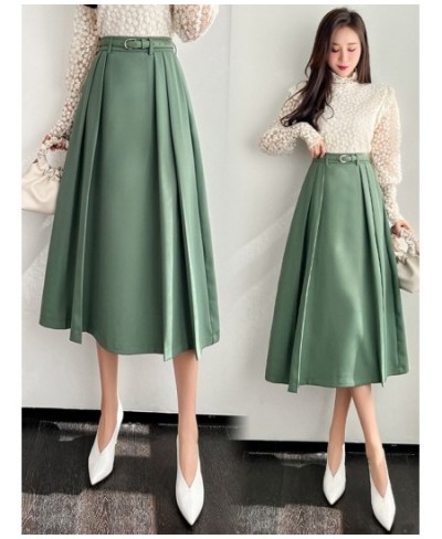 Vintage Basic High Waist Long Pleated All Match Women Korean Solid Streetwear Formal Belt Loose Office Lady Green Fashion Ski...