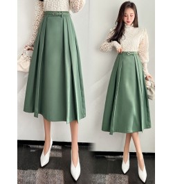 Vintage Basic High Waist Long Pleated All Match Women Korean Solid Streetwear Formal Belt Loose Office Lady Green Fashion Ski...