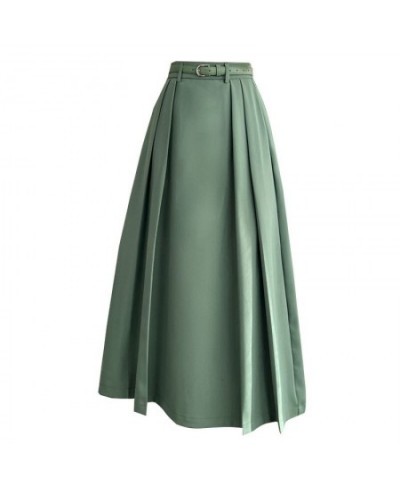 Vintage Basic High Waist Long Pleated All Match Women Korean Solid Streetwear Formal Belt Loose Office Lady Green Fashion Ski...