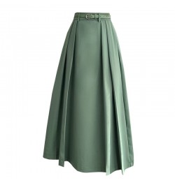 Vintage Basic High Waist Long Pleated All Match Women Korean Solid Streetwear Formal Belt Loose Office Lady Green Fashion Ski...