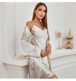 2 Piece Sexy Robe and Gown Set for Women Floral Satin Silk Bathrobe Kimono Long Sleeve V Neck Nighty Nightgown Home Clothes $...