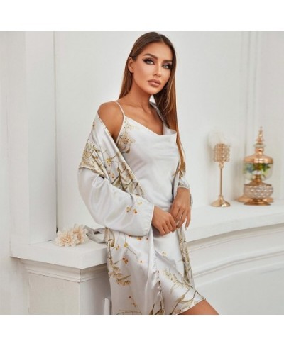 2 Piece Sexy Robe and Gown Set for Women Floral Satin Silk Bathrobe Kimono Long Sleeve V Neck Nighty Nightgown Home Clothes $...