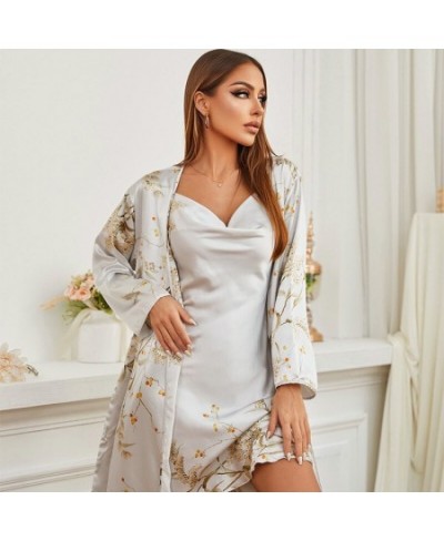 2 Piece Sexy Robe and Gown Set for Women Floral Satin Silk Bathrobe Kimono Long Sleeve V Neck Nighty Nightgown Home Clothes $...