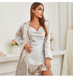 2 Piece Sexy Robe and Gown Set for Women Floral Satin Silk Bathrobe Kimono Long Sleeve V Neck Nighty Nightgown Home Clothes $...