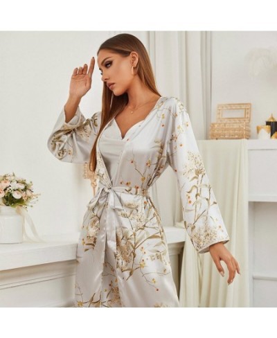 2 Piece Sexy Robe and Gown Set for Women Floral Satin Silk Bathrobe Kimono Long Sleeve V Neck Nighty Nightgown Home Clothes $...