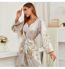 2 Piece Sexy Robe and Gown Set for Women Floral Satin Silk Bathrobe Kimono Long Sleeve V Neck Nighty Nightgown Home Clothes $...