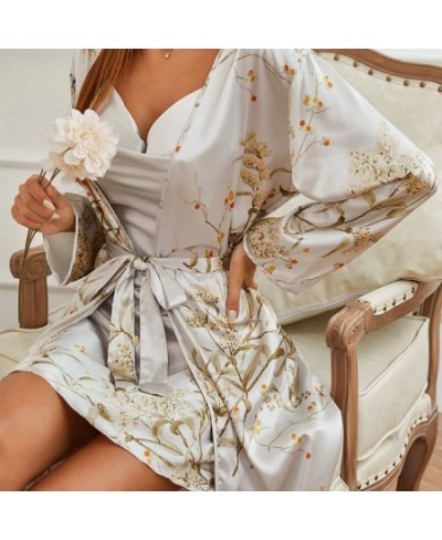 2 Piece Sexy Robe and Gown Set for Women Floral Satin Silk Bathrobe Kimono Long Sleeve V Neck Nighty Nightgown Home Clothes $...