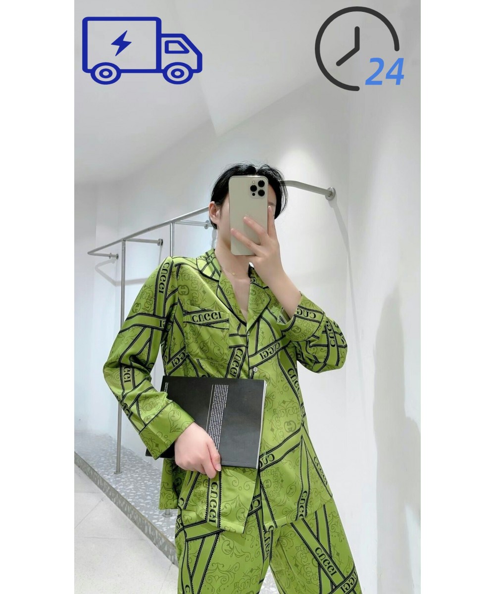 Spring New Pajamas Women's Printed Long-sleeved Ice Silk Suit Cardigan Can Be Worn Outside Women's Household Clothes.Pajama S...