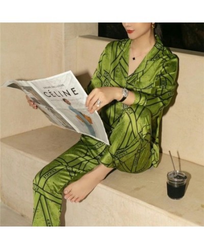 Spring New Pajamas Women's Printed Long-sleeved Ice Silk Suit Cardigan Can Be Worn Outside Women's Household Clothes.Pajama S...