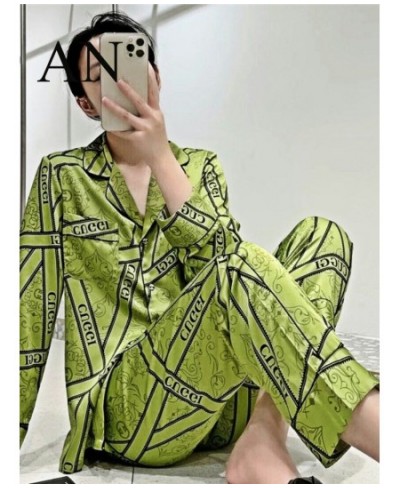 Spring New Pajamas Women's Printed Long-sleeved Ice Silk Suit Cardigan Can Be Worn Outside Women's Household Clothes.Pajama S...