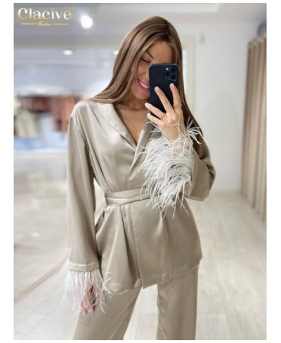 Causal Loose Home Suit Autumn Fashion Khaki Satin Wide Pants Set Elegant Long Sleeve Lace-Up Robes Two Piece Set Womens $47.5...