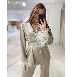 Causal Loose Home Suit Autumn Fashion Khaki Satin Wide Pants Set Elegant Long Sleeve Lace-Up Robes Two Piece Set Womens $47.5...