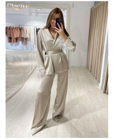 Causal Loose Home Suit Autumn Fashion Khaki Satin Wide Pants Set Elegant Long Sleeve Lace-Up Robes Two Piece Set Womens $47.5...