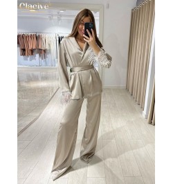 Causal Loose Home Suit Autumn Fashion Khaki Satin Wide Pants Set Elegant Long Sleeve Lace-Up Robes Two Piece Set Womens $47.5...