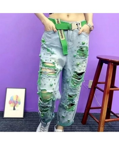 2023 Summer Women New Fashion Beaded Holes Loose Jeans Ladies High Waist Personality Thin Denim Pants Y2k Mom Ripped Jean Gre...