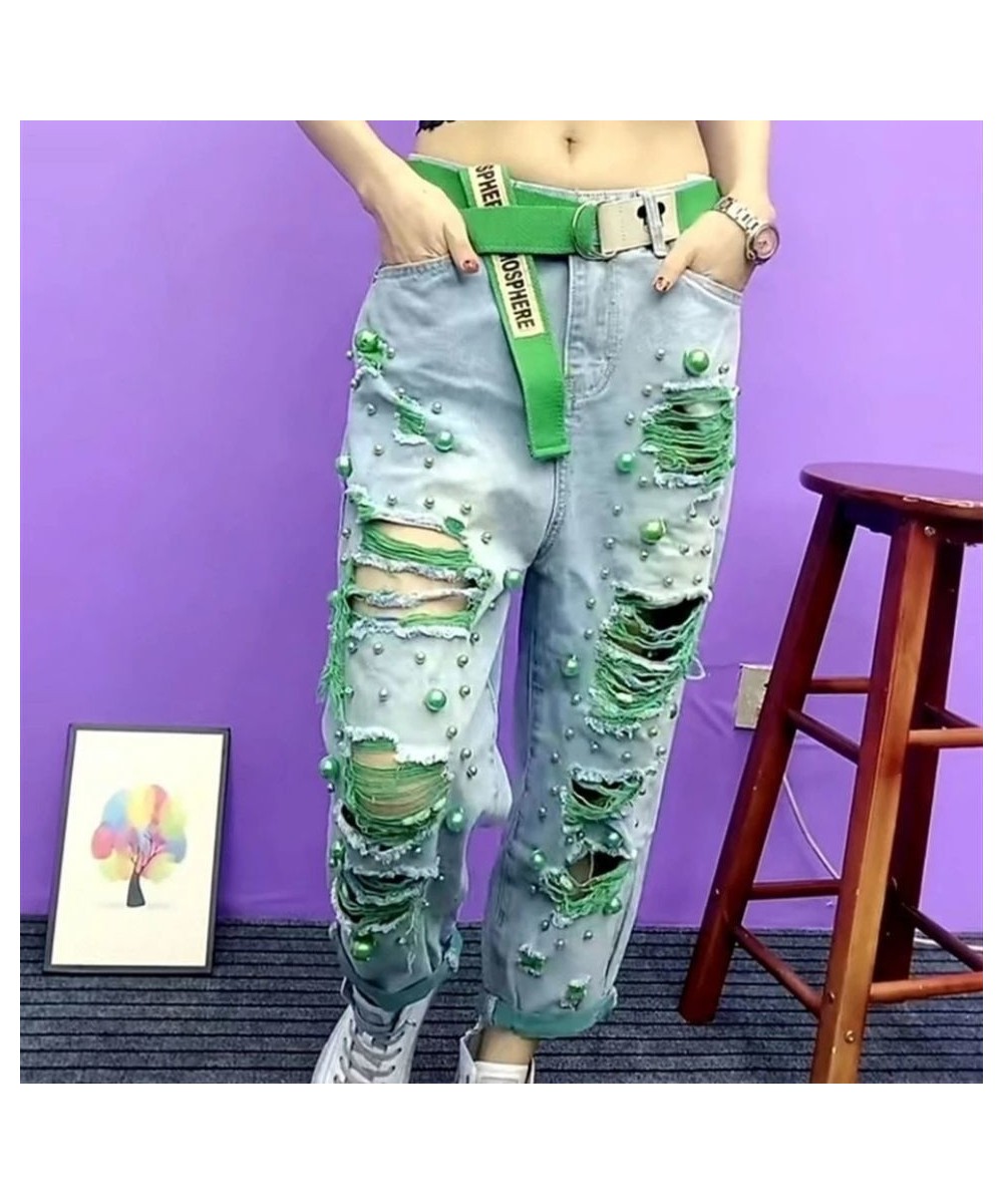 2023 Summer Women New Fashion Beaded Holes Loose Jeans Ladies High Waist Personality Thin Denim Pants Y2k Mom Ripped Jean Gre...