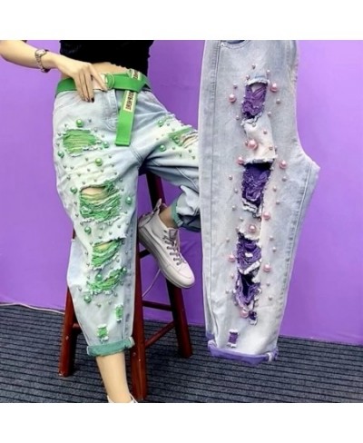 2023 Summer Women New Fashion Beaded Holes Loose Jeans Ladies High Waist Personality Thin Denim Pants Y2k Mom Ripped Jean Gre...