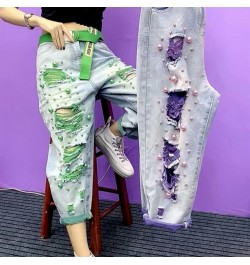 2023 Summer Women New Fashion Beaded Holes Loose Jeans Ladies High Waist Personality Thin Denim Pants Y2k Mom Ripped Jean Gre...