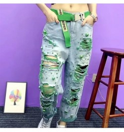 2023 Summer Women New Fashion Beaded Holes Loose Jeans Ladies High Waist Personality Thin Denim Pants Y2k Mom Ripped Jean Gre...