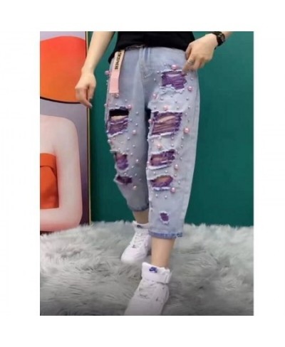 2023 Summer Women New Fashion Beaded Holes Loose Jeans Ladies High Waist Personality Thin Denim Pants Y2k Mom Ripped Jean Gre...