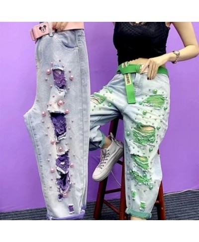 2023 Summer Women New Fashion Beaded Holes Loose Jeans Ladies High Waist Personality Thin Denim Pants Y2k Mom Ripped Jean Gre...