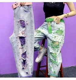 2023 Summer Women New Fashion Beaded Holes Loose Jeans Ladies High Waist Personality Thin Denim Pants Y2k Mom Ripped Jean Gre...