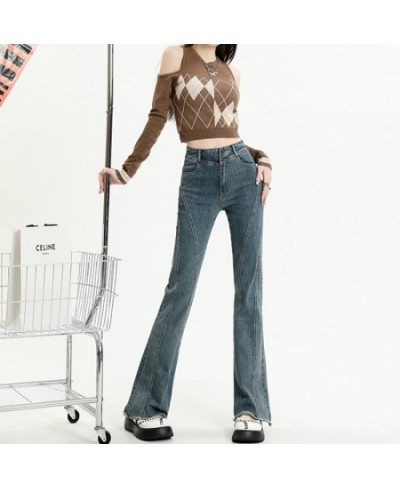 Blue Jeans for Women 2023 New Spliced Burr High Waisted Jeans Vintage Stretch Slim Flare Jeans Full Length Y2k Pants $57.27 -...