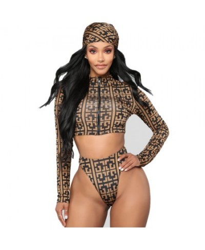 2023 Women Long Sleeve Stand Collar Zipper Plaid Printed Split Bikini Swimsuit High Waist Sexy Headscarf 2 Piece Set $35.07 -...
