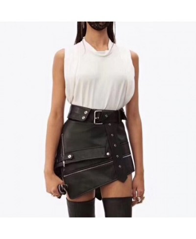 Sexy Asymmetry Pu Skirts Womens Zipper Punk Rock Belt Mini Skirt Streetwear Black High Waist Skirts 2023 Fashion New $76.07 -...