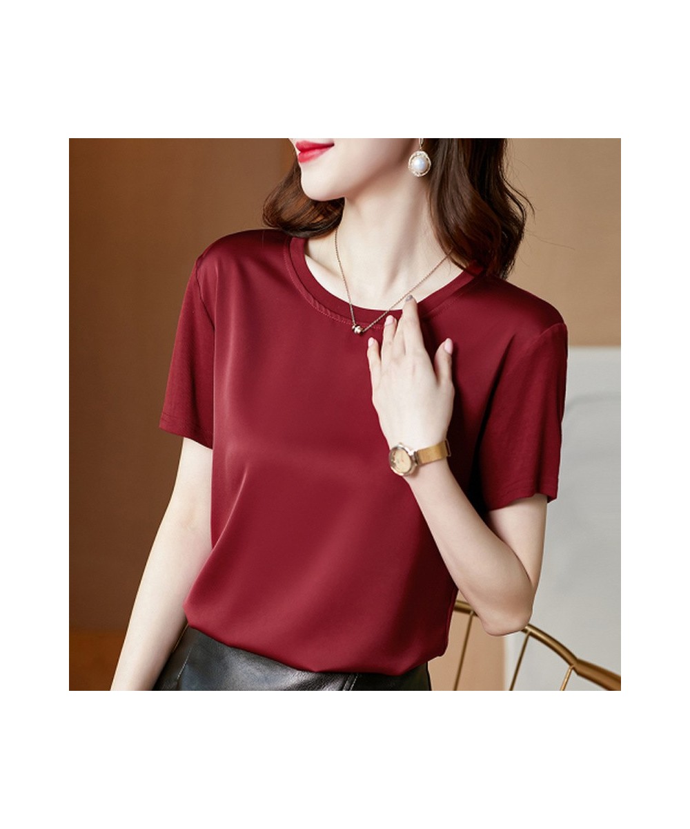 Summer Satin Silk T-shirt New Short Sleeve Simple Fashion All-match Commute Tshirts Slim Round Neck Tee Shirt Top Female 1337...