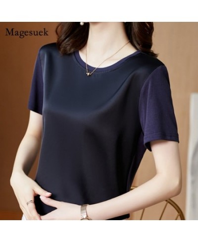 Summer Satin Silk T-shirt New Short Sleeve Simple Fashion All-match Commute Tshirts Slim Round Neck Tee Shirt Top Female 1337...