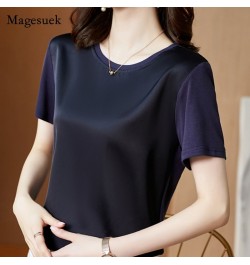 Summer Satin Silk T-shirt New Short Sleeve Simple Fashion All-match Commute Tshirts Slim Round Neck Tee Shirt Top Female 1337...