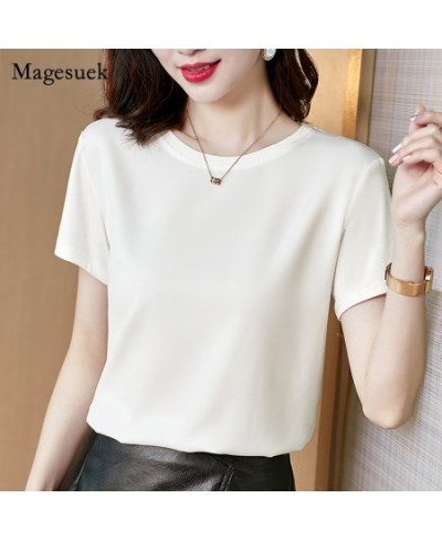 Summer Satin Silk T-shirt New Short Sleeve Simple Fashion All-match Commute Tshirts Slim Round Neck Tee Shirt Top Female 1337...