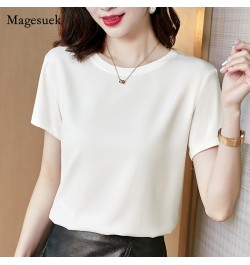 Summer Satin Silk T-shirt New Short Sleeve Simple Fashion All-match Commute Tshirts Slim Round Neck Tee Shirt Top Female 1337...