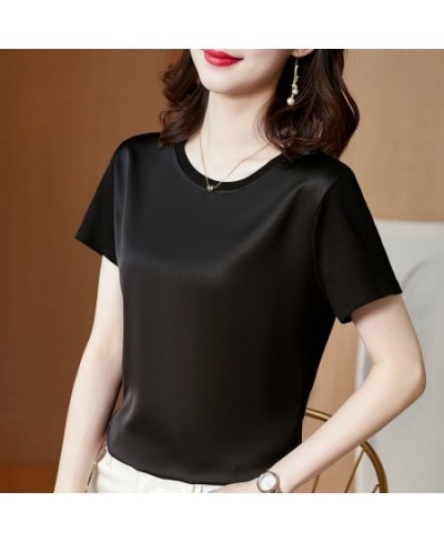 Summer Satin Silk T-shirt New Short Sleeve Simple Fashion All-match Commute Tshirts Slim Round Neck Tee Shirt Top Female 1337...