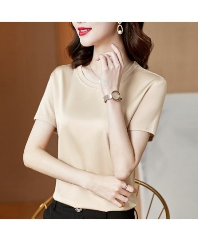 Summer Satin Silk T-shirt New Short Sleeve Simple Fashion All-match Commute Tshirts Slim Round Neck Tee Shirt Top Female 1337...