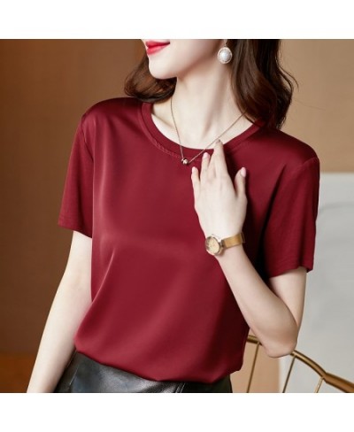 Summer Satin Silk T-shirt New Short Sleeve Simple Fashion All-match Commute Tshirts Slim Round Neck Tee Shirt Top Female 1337...