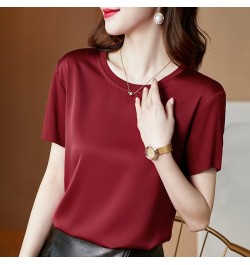 Summer Satin Silk T-shirt New Short Sleeve Simple Fashion All-match Commute Tshirts Slim Round Neck Tee Shirt Top Female 1337...